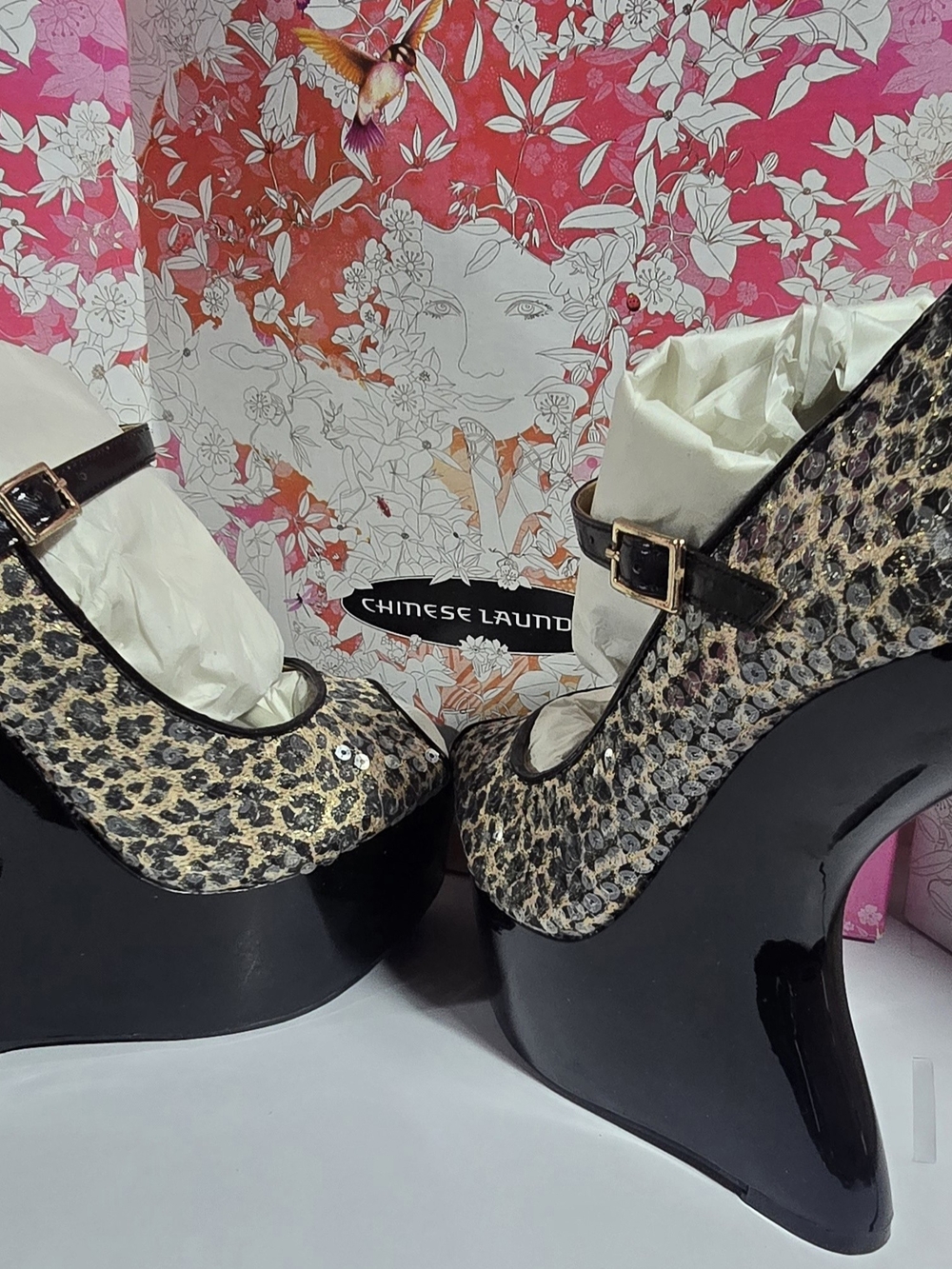 Chinese Laundry Gold and Black Leopard Wedge Mary Jane Heels